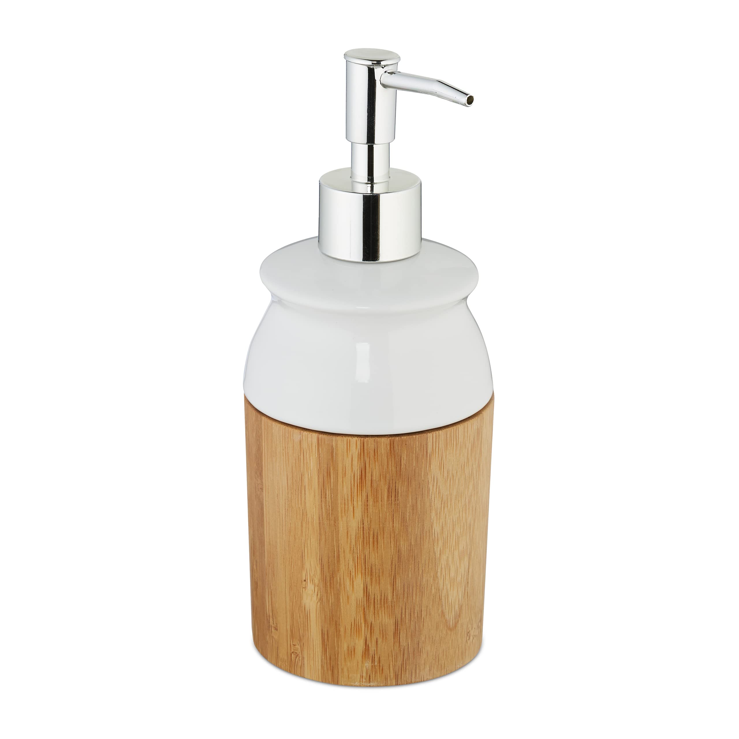 Relaxdays Soap Dispenser, 225 ml, Bamboo & Ceramic, Refillable, Bathroom