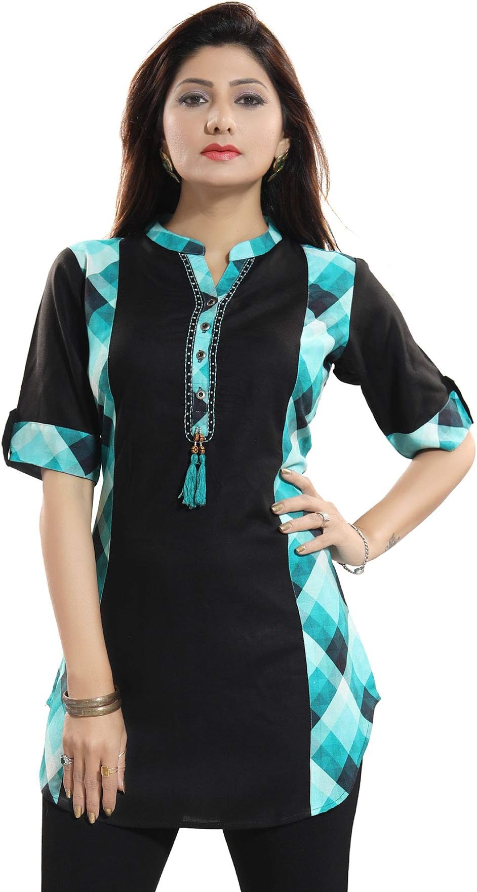 Unifiedclothes Women Indian Short Ethnic Kurti Tunic Cotton Black Printed Kurta Shirt SC1076