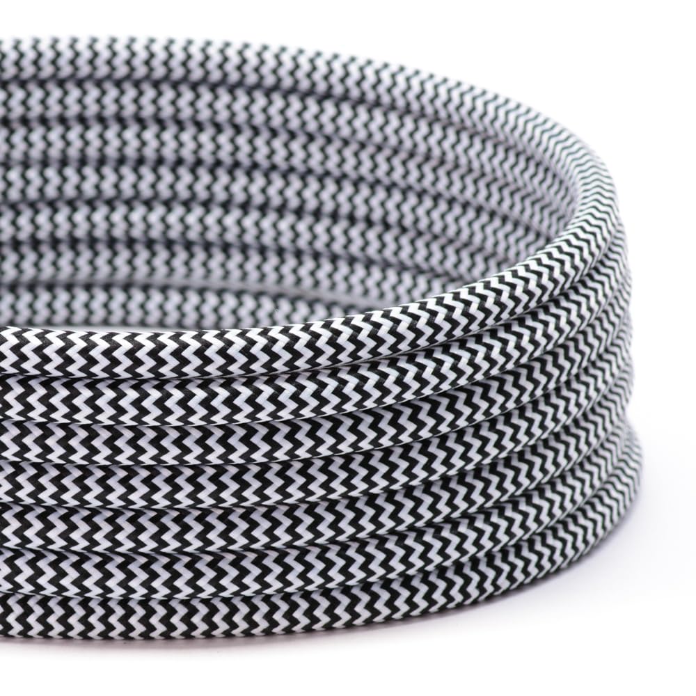 TheCable.Store 3 Core Round Black & White - Zig Zag Flex Cable 0.75mm Vintage Fabric Braided (20 Metres)