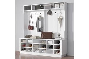 FAMAPY 3-in-1 Hall Tree with Cube Storage & Shelves, Large Entryway Coat Rack with Storage, Hanging Hooks, Entryway Storage Organizer, for Entrance White (63”W x 15.7”D x 66.9”H)