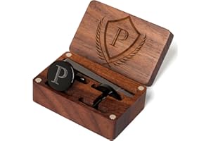 PROPHET CLUE PC Mens Initial Cufflinks and Tie Clip A-Z Alphabet Letter Black Stainless Cuff Links Tie Bar with Engraved Walnut Wood Box Groom Groomsman Wedding Set