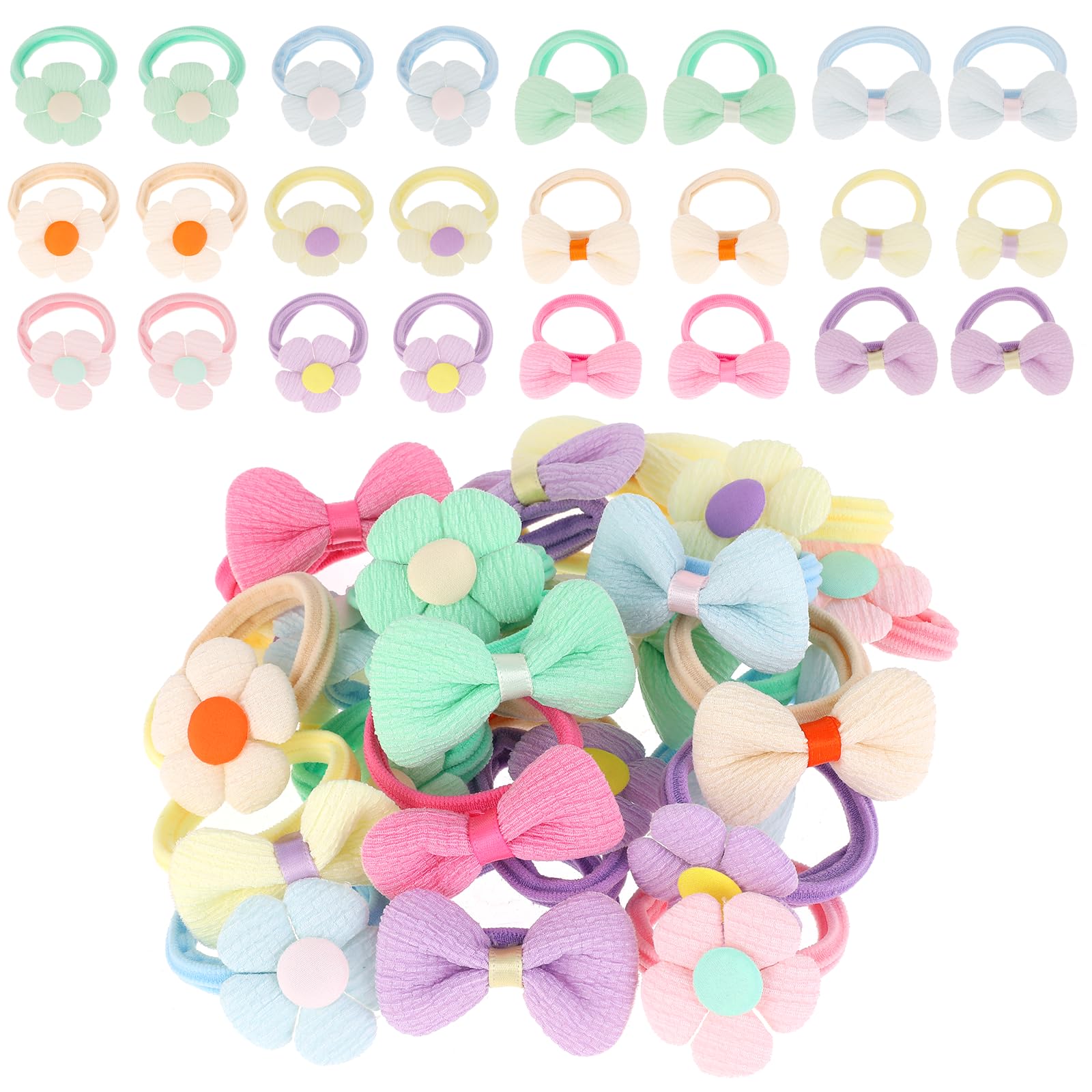 Photo 1 of 24 Pcs Cute Flower Hair Ties, Colorful Elastics Scrunchies with Candy Bow Design, Seamless Ponytail Holders, Hair Accessories for Thick Hair