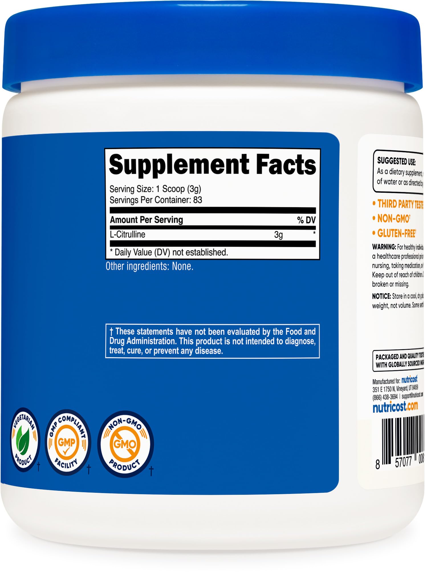 Nutricost Pure L-Citrulline (Base) Powder 250 Grams