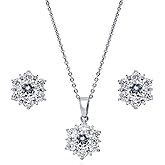BERRICLE Sterling Silver Flower Cubic Zirconia CZ Halo Fashion Necklace and Earrings Set for Women, Rhodium Plated