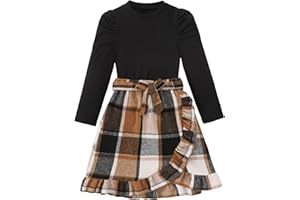 Yhnslsf Girls Teen Clothes, Fall Winter Outfits Long Sleeve Ruffle Sleeve Top and Pleated Plaid Mini Skirt Set Size 7-14Y