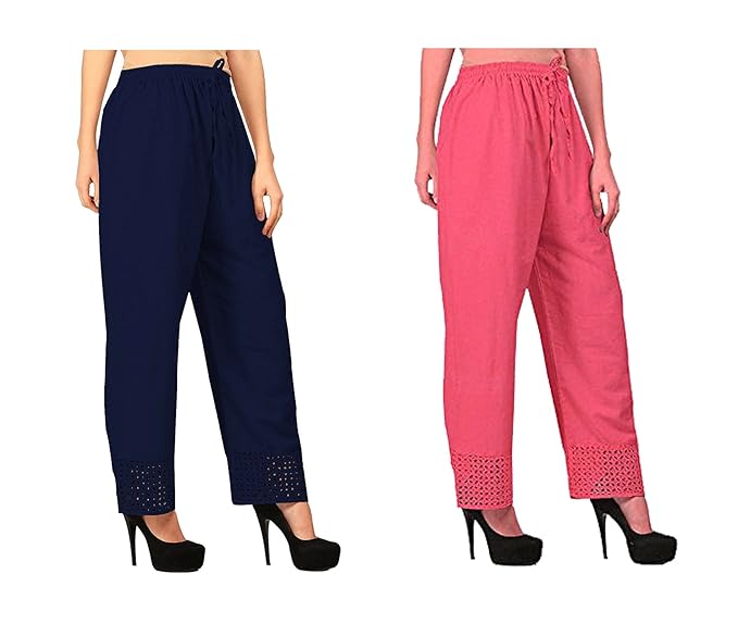 Women's Cotton Palazzo Designer Plain Casual Wear Palazzo for Women/Girl Combo Cotton Palazzo Color-Nevy Blue_Peach