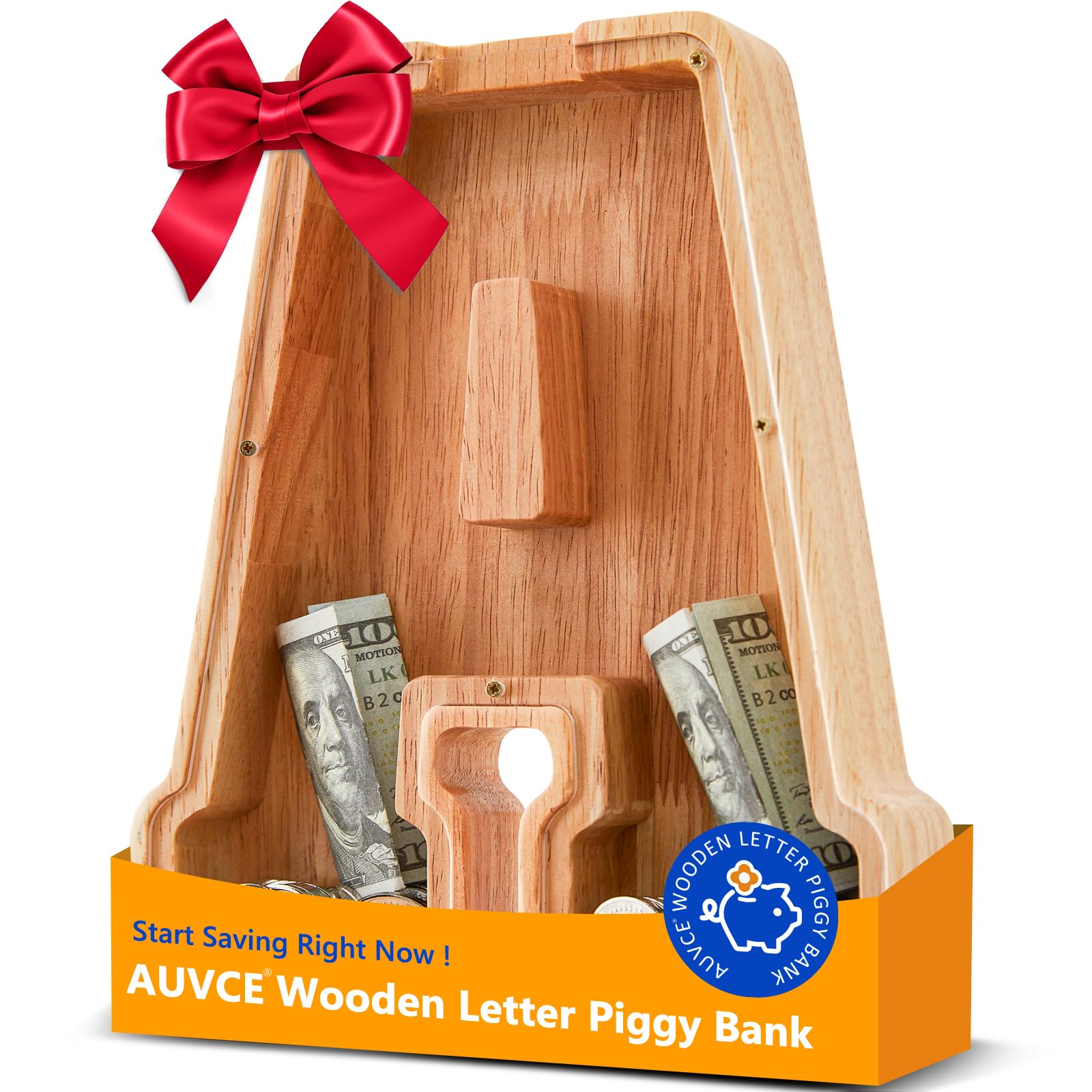 AUVCE Wooden Initial Piggy Bank - Large Solid Wood Money Box for Kids - Personalized Letter Money Bank, Unique Educational Gift Decor for Baby Shower, Birthday & Nursery (A)