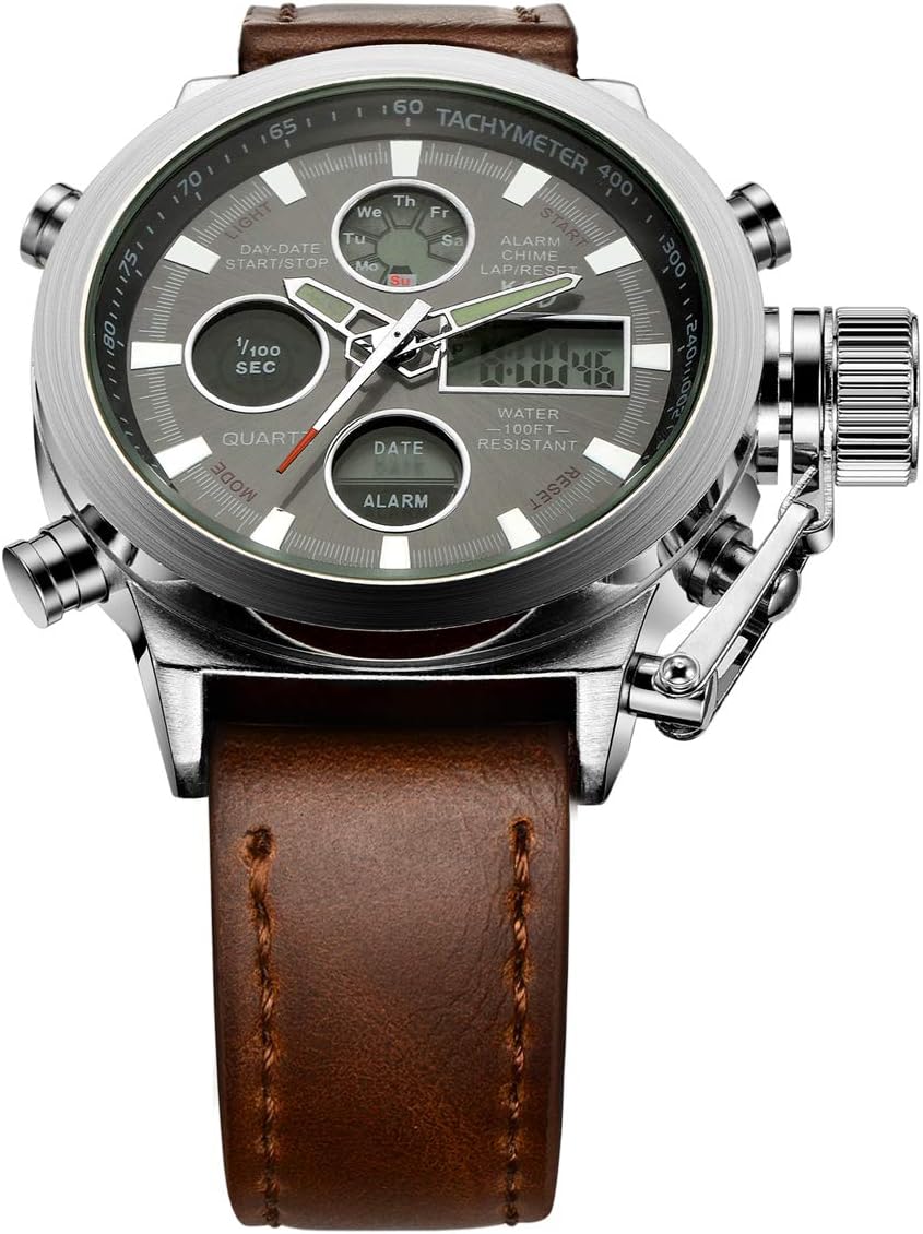 Golden Hour Fashion Brown Leather Men's Military Watch Waterproof Analog Digital Sports Watches for Men