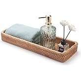 Rattan Bathroom Vanity Trays Toilet Tank Baskets Long Narrow Hand Towel Storage Basket for Storage, Decorative (Natural 16.3 x 6.1 x 2 inch)