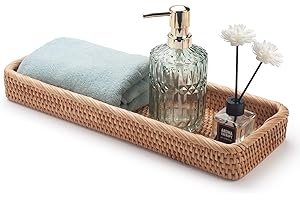 DECRAFTS Rattan Bathroom Vanity Trays Toilet Tank Baskets Long Narrow Hand Towel Storage Basket for Storage, Decorative (Natural 16.3 x 6.1 x 2 inch)