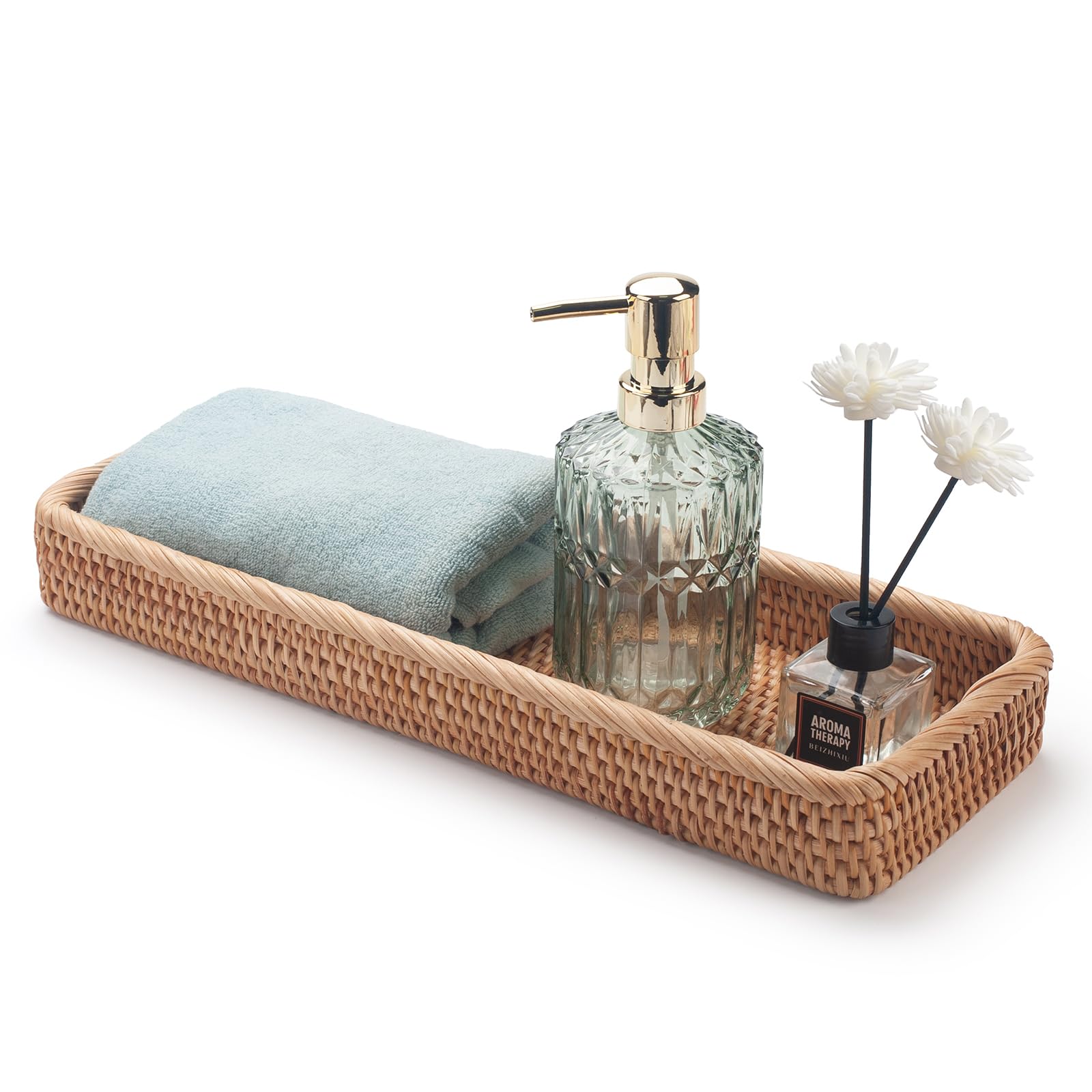 Rattan Bathroom Vanity Trays Toilet Tank Baskets Long Narrow Hand Towel Storage Basket for Storage, Decorative (Natural 16.3 x 6.1 x 2 inch)