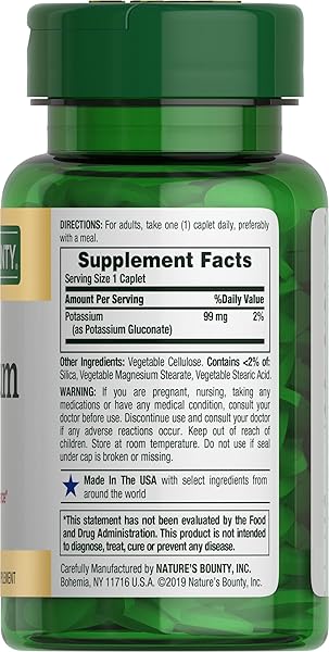 NATURE’S BOUNTY POTASSIUM 99MG, SUPPORTS FLUID BALANCE AND MUSCLE ACTIVITY, INVOLVED IN NORMAL HEART FUNCTION, POTASSIUM GLUCONATE DIETARY SUPPLEMENT, GLUTEN FREE, 1 PER DAY, 100 VEGETARIAN CAPLETS