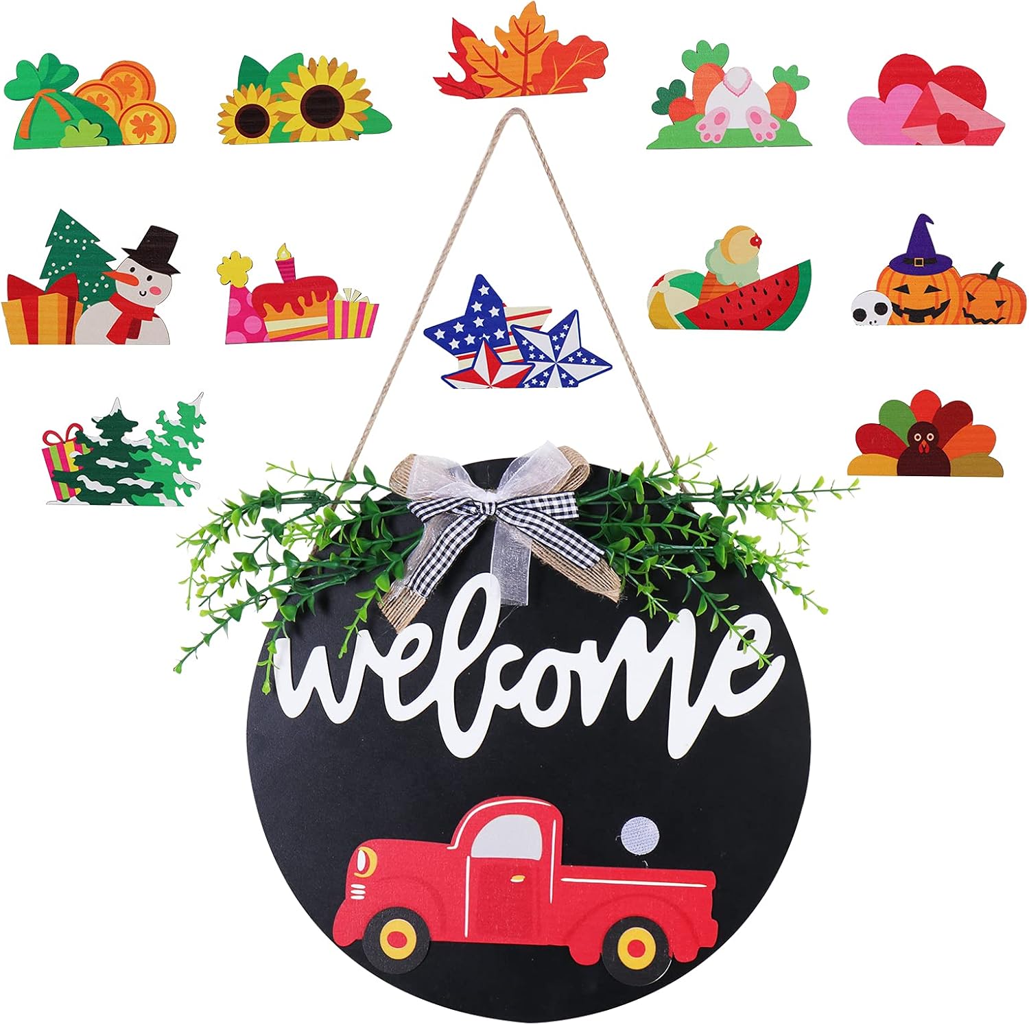 KIDFRID Interchangeable Welcome Sign Red Truck for Home Decor Wooden Porch Signs and Decor Outdoor Decor Sign for Christmas Decor Fourth of July Decor ect. Front Porch Signs Door Show Hello Sign