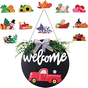 KIDFRID Interchangeable Welcome Sign Red Truck for Home Decor Wooden Porch Signs and Decor Outdoor Decor Sign for Christmas Decor Fourth of July Decor ect. Front Porch Signs Door Show Hello Sign