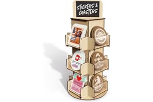 DS THE DISPLAY STORE 3 Tier Rotating Sticker Display Stand for Vendors, Natural Wooden Countertop Organizer Shelf for Coasters, Retail, Showcase, Tradeshow