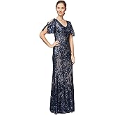 Alex Evenings Womens Long Mother of The Bride Sequin Dress with Cold Shoulder Flutter Sleeves (Petite and Regular Sizes)