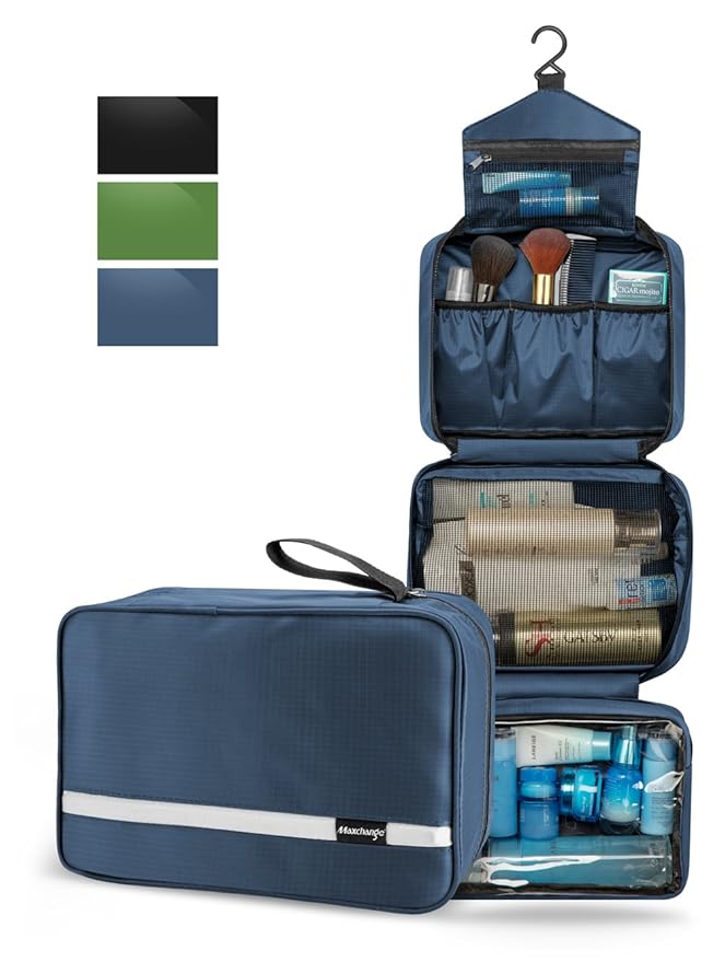 Maxchange Neceser de Viaje para Hombre| Bolsa de Aseo para Colgar | Bolsa Cosmética Impermeable y Portátil de 4 Capas | Bolsa de Organizadora de Baño con Gancho.(Azul)
