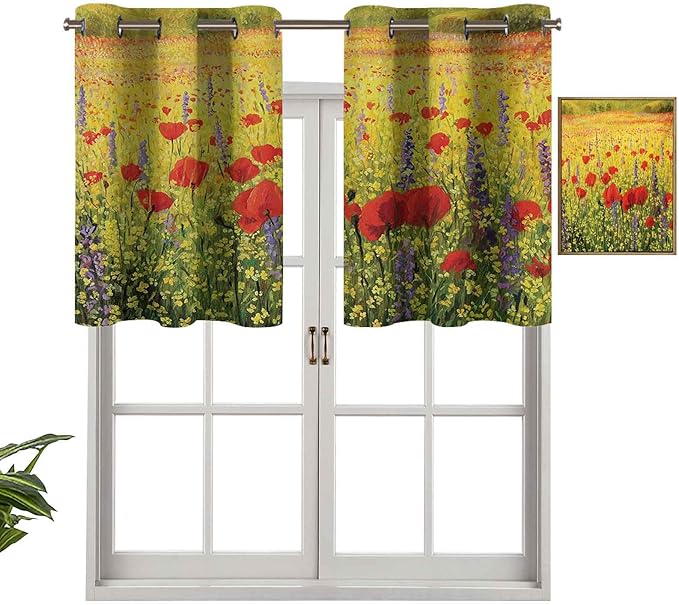 Hiiiman Cortinas cortas rectas con ojales de cocina, un campo colorido