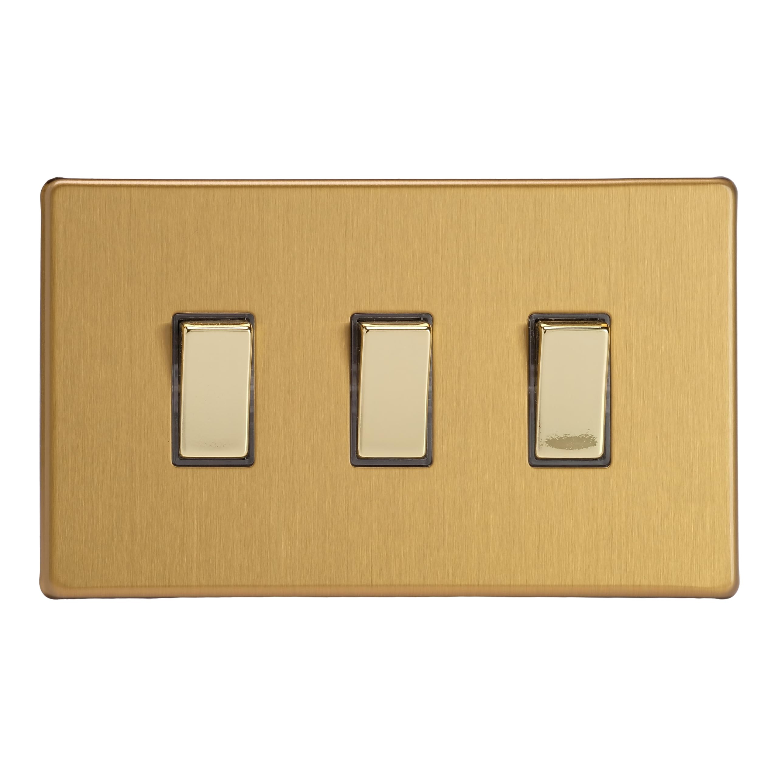 Varilight 3-Gang 10A 1- or 2-Way Rocker Light Switch (Twin Plate) Brushed Brass XDB93S, 86x147x25mm