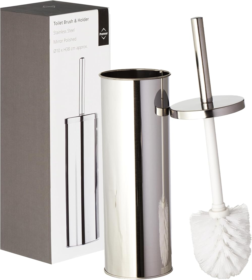 Premier Toilet Brush & Holder Chrome Metal Set with White Bristles