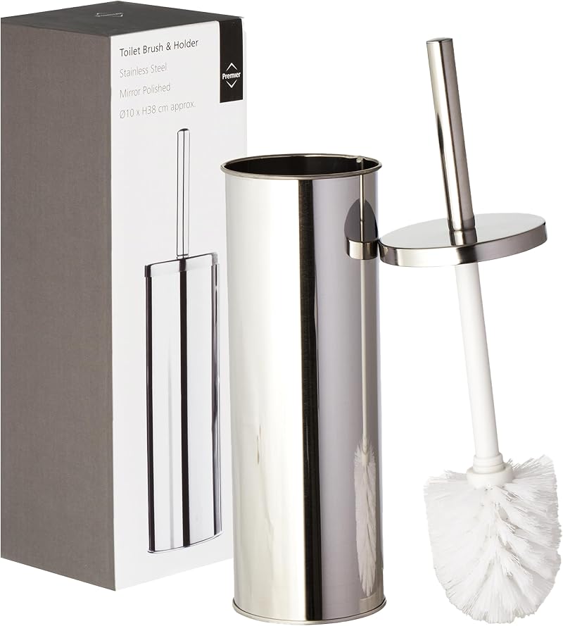 Premier Toilet Brush & Holder Chrome Metal Set with White Bristles