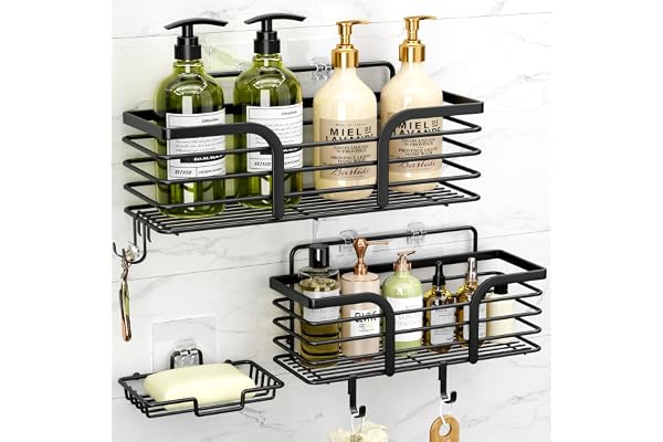 Shower Caddy, Adhesive Shower Organizer with Soap Dish and 4 Hooks, Rustproof Stainless Steel Shower Shelves, Wall Mounted No