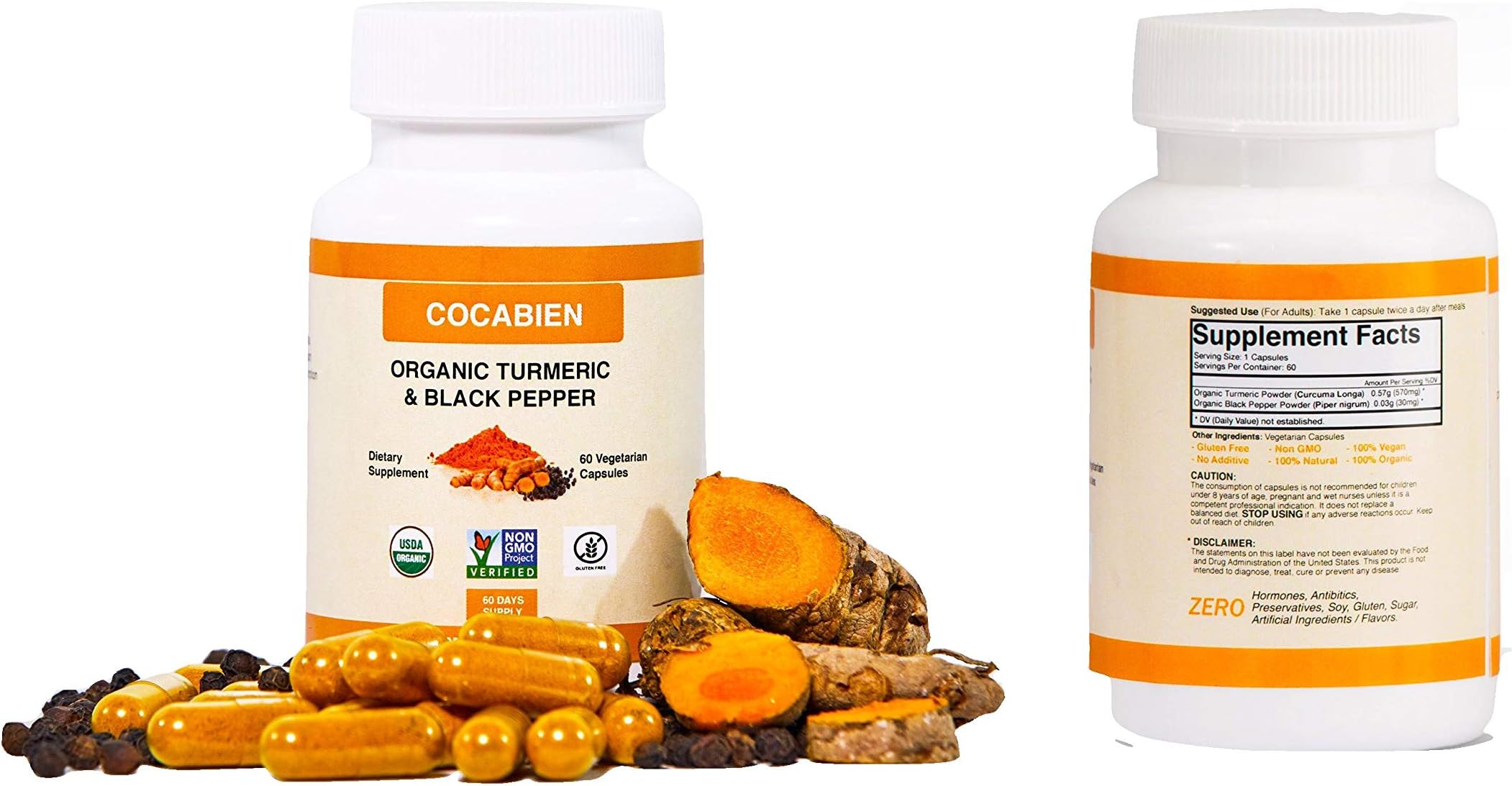Cocabien Organic Turmeric Curcumin Capsules - Extra Strength 500mg - Supports Healthy Metabolism, Blood Sugar Levels, Anti-Inflammatory, Joint Pain Relief, Heart Health Supplement Pills - 60 Capsules