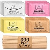 Sweetmo Sugar Packets Variety Pack - Sucralose, Raw Sugar, Saccharin, Cane Sugar with Wooden Stirrers - 300 Count for Coffee, Tea, Office Breakrooms, Home &amp; Airbnb
