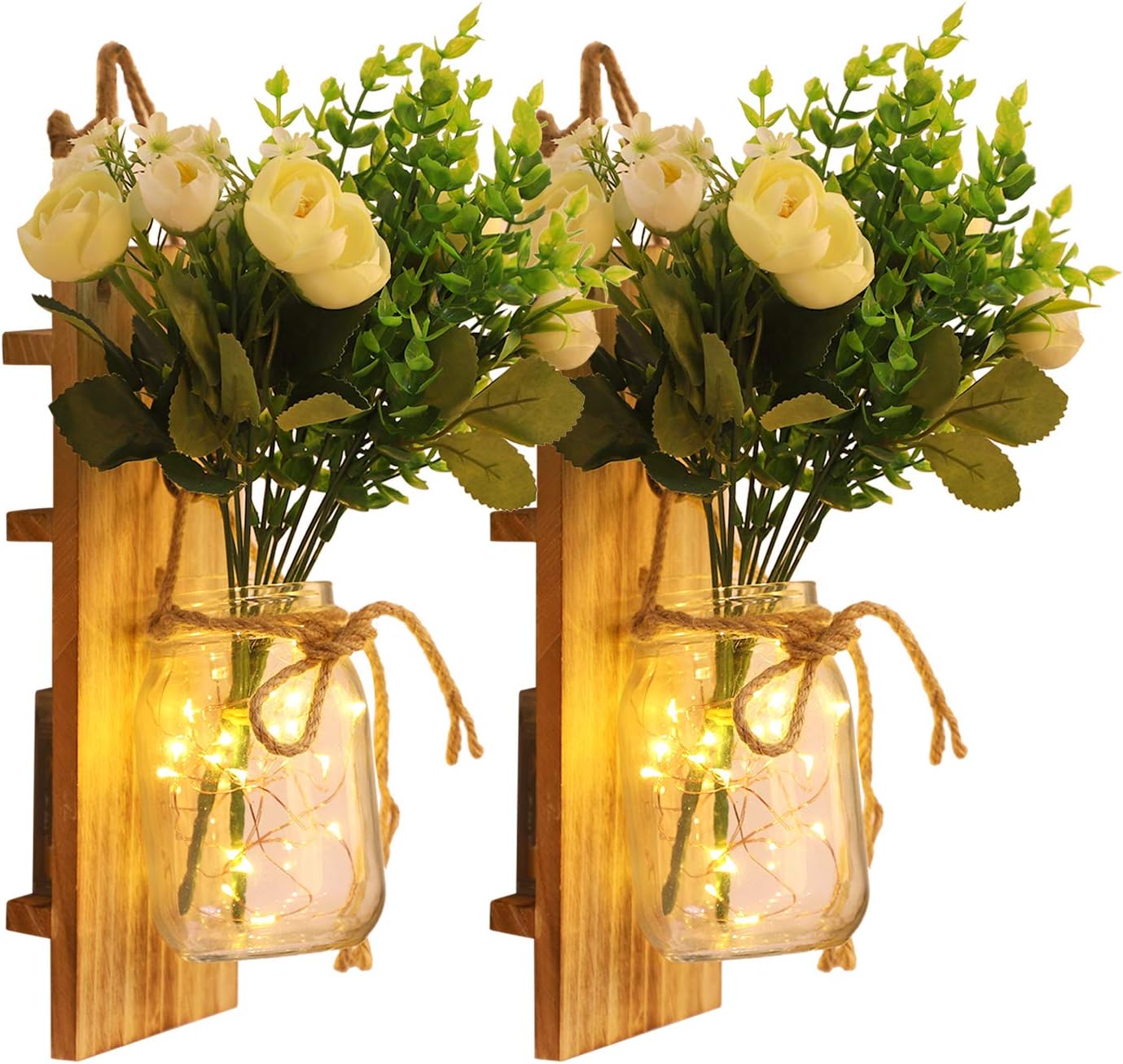 Rustic Wall Sconces Mason Jar Sconces Handmade Wall Art Hanging Design with 6 Hours Timer LED Fairy Strip Lights and White Rose/Leaves, Farmhouse Decorations Wall Decor Home Decoration (Set of 2)