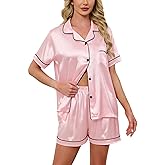 Schbbbta Women Pajamas Set, 2 Pieces Satin Silk Button Down Pjs Short Sleeve Outfits Loungewear