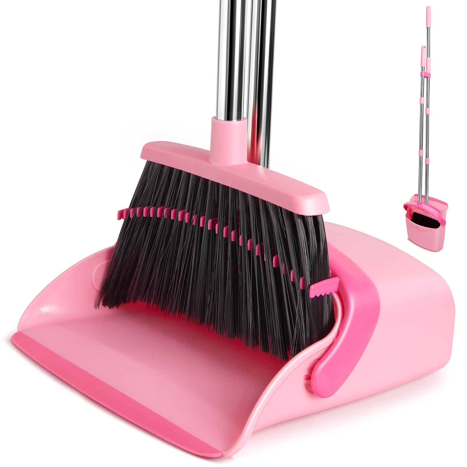 Photo 1 of XXFLOWER Broom and Dustpan Set, Dustpans with Broom Combo for Home, Heavy Dust Broom and Dustpan Combo, Long Handle Dust Pan and Broom Set for Kitchen, Office, Pet Hair,Pink, Pack of 1
