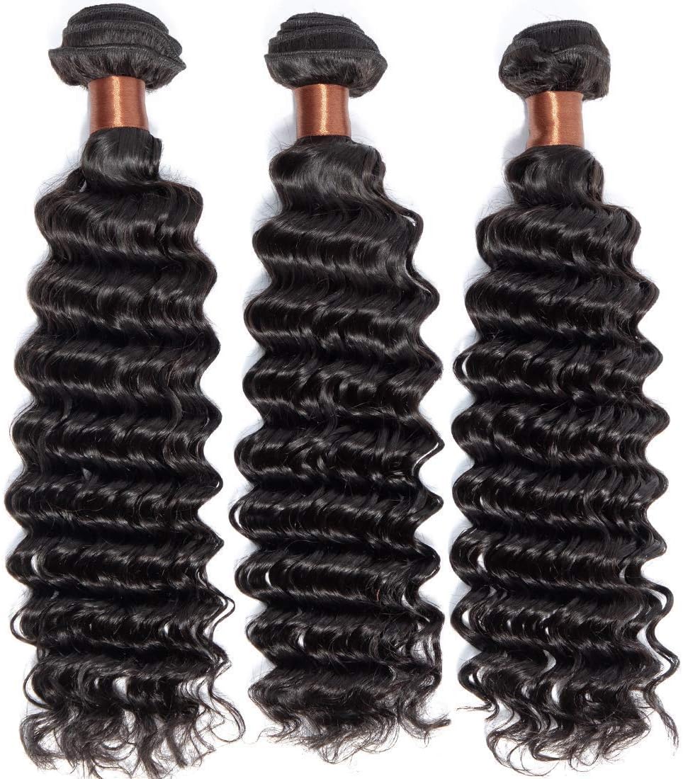 BLACKMOON HAIR Brazilian Virgin Deep Wave Hair 3 Bundles With Free Part Closure Natural Black Color 100% Unprocessed Human Hair Weaves Weft with Lace Closure (22 24 26+18 closure, Free Part) - Image 5