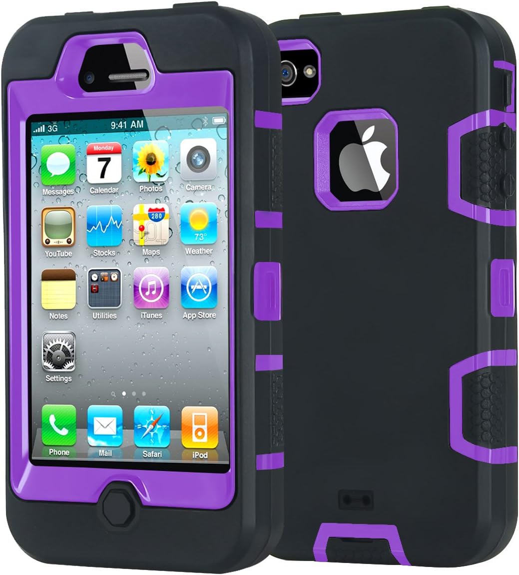 iPhone 4S Case, iPhone 4 4S Cases Silicone Shockproof Durable Hybrid Dual Layer Armor Defender Protective Case Cover for Apple iPhone 4/4S Black+Purple