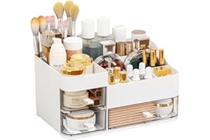 SuoXing White Make up Organizers for Vanity,Large Plastic Bathroom Counter Organizer With Drawers,Skincare Organizers and Cosmetic Storage for Dresser Top Skin Care,Beauty Products and Brush Holder