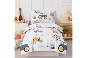 PERFEMET Car Printed Toddler Comforter Set, 4 Pieces Toddler Bedding Sets for Boys, Reversible Tractors Pattern Teen Boy Bed in A Bag Comforter Set with Sheets (Tractor, Toddler)