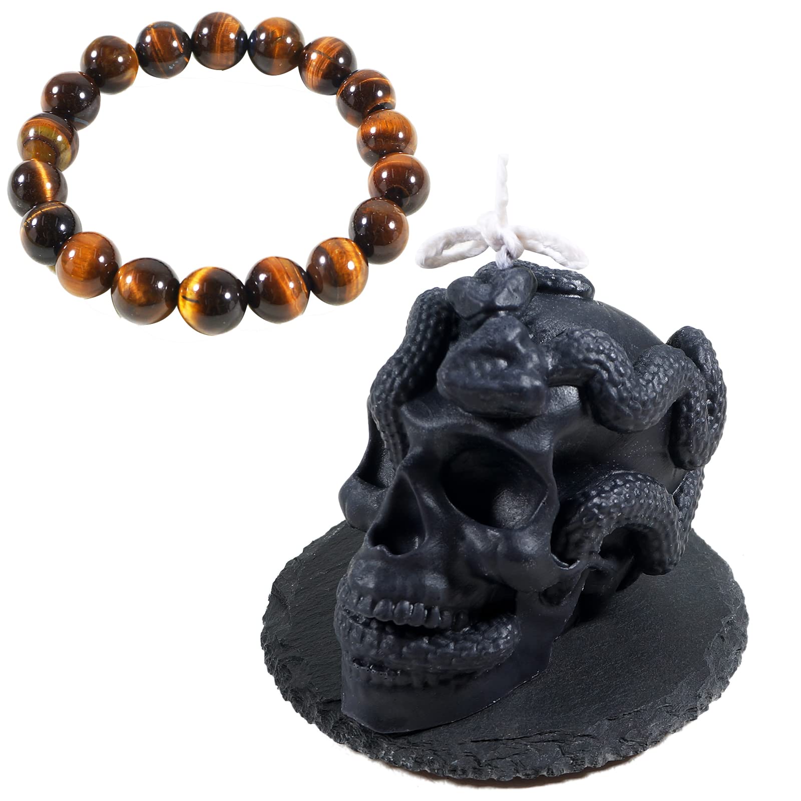 Soulnioi Scented Candle Snake Wind Skull Shape Black Candle Thyme Scent and Black Round Slate Coaster and Tiger Eye Crystal Beads Bracelet for Halloween Home Decoration Gift
