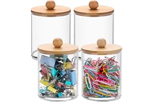 BTSKY 4 Pack PaperClip Holders with Bamboo Lid, Round Binder Holder for Desk, Clear Paper Clip Dispenser Small Office Supply Accessory Organizer Qtip Holder for Office Bathroom Vanity, Clear