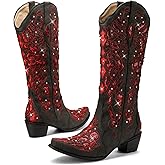 LingxiaUne Cowboy Boots for Women, Mid Calf Cowgirl Boot Rhinestone, Comfortable Chunky Heel Western Boot with Glitter, Sparkle Boot for Dressy Woman
