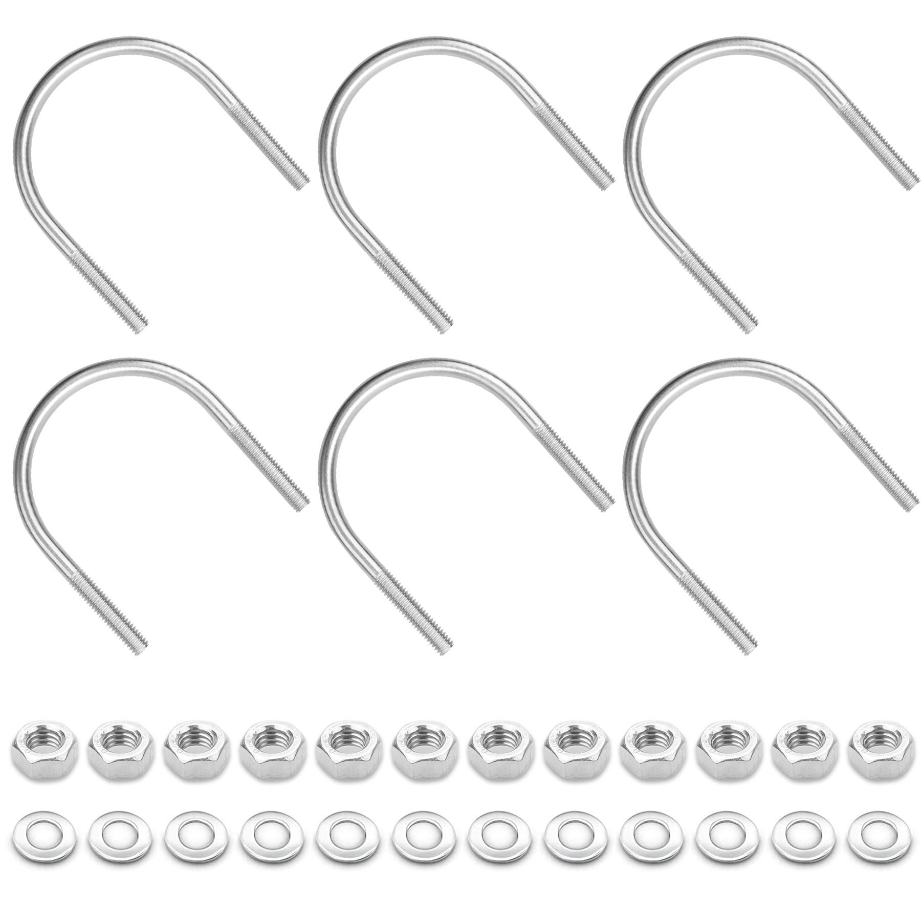 YEYIT 6Pack U-Bolts 304 Stainless Steel M6 x 51mm U-Bolt Fastener for Pipelines, with Nuts and Flat Repair Washer