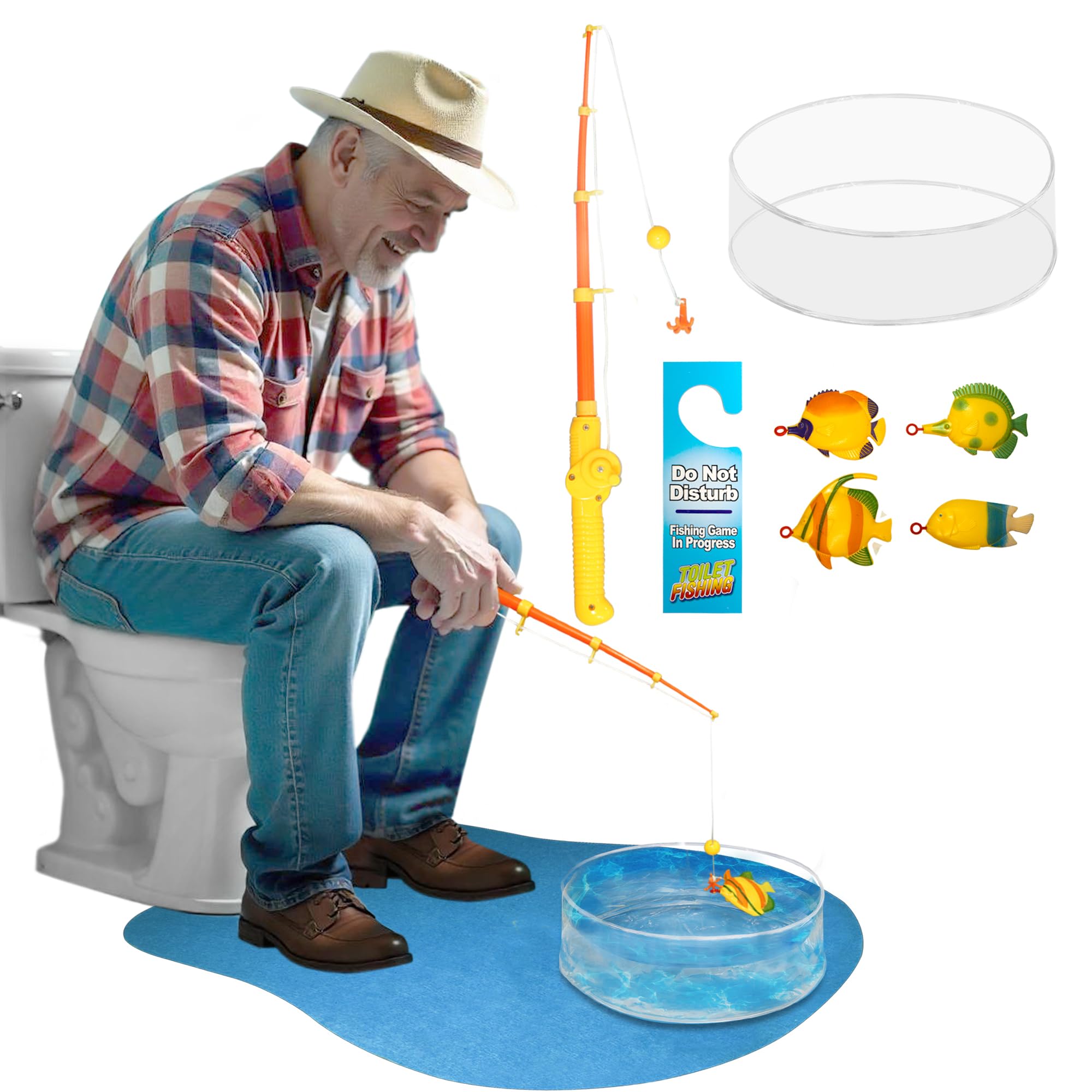 NOVELTY PLACE Potty Fisher Toilet Fishing Game Set for Kids & Adults - Fishing Rod with Hook Line & Sinker, Water Tank, Blue Cotton Mat & Door Sign - Funny Bathroom Fishing Practice Toy