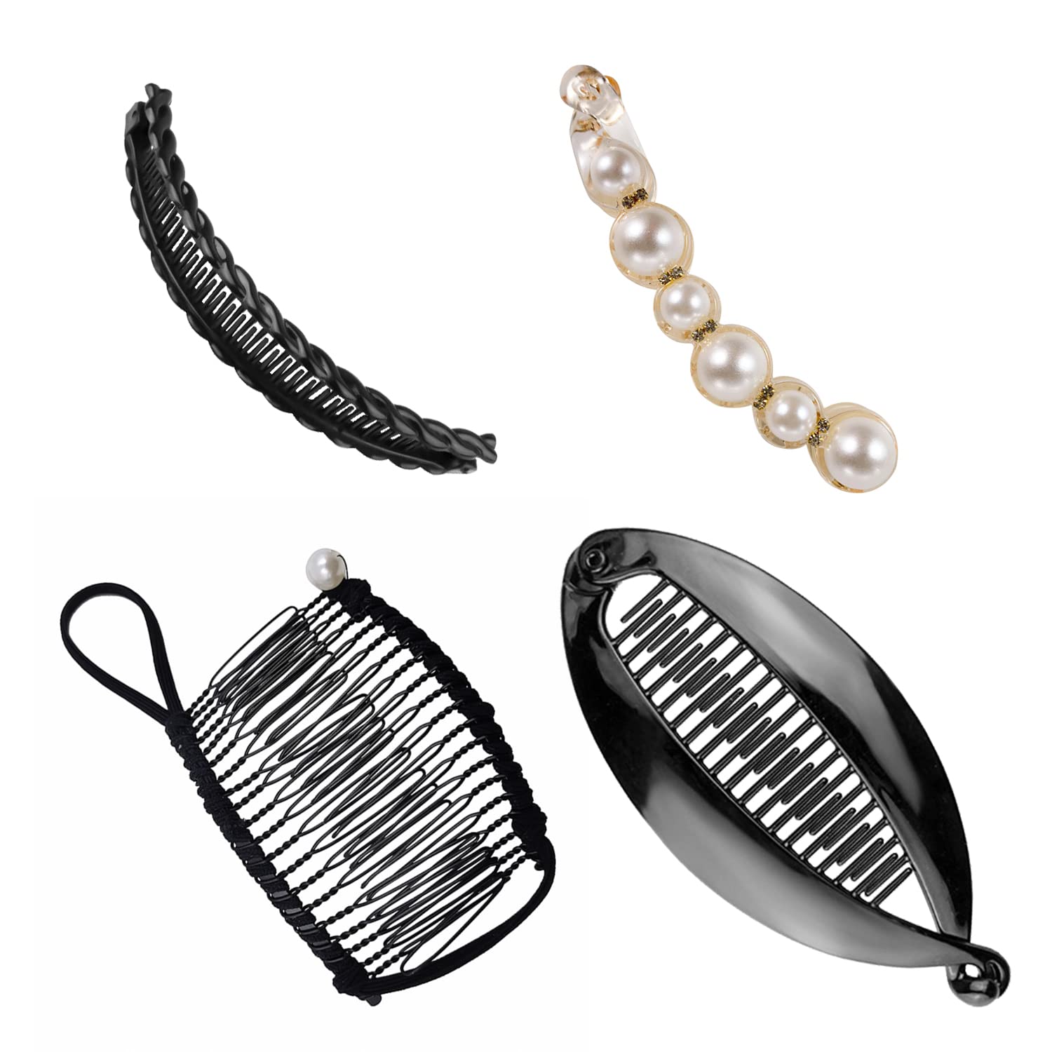 4 Pieces Banana Hair Clips, Double Comb Banana Clips, Fishtail Banana Clips, Pearl Banana Clips, Clincher Combs Banana Clips, Vintage Hair Clip Accessories Headwear DIY Hairstyles for Thick Hair.