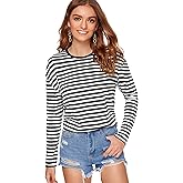 SweatyRocks Women's Casual Striped Tee Shirt Long Sleeve Round Neck Top