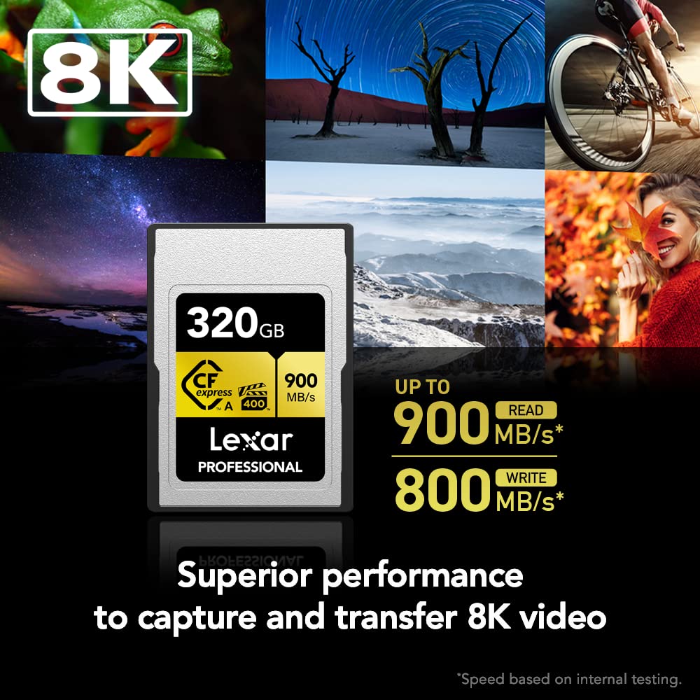 Lexar 320GB Professional CFexpress Type A GOLD Series Memory Card, Up to 900MB/s Read, Cinema-quality 8K Video, Rated VPG 400 (LCAGOLD320G-RNENG)