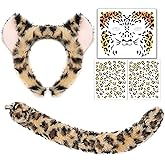 Glynisyz 5PCS Leopard Costume Set - Cat Ears Headband, Tail and Face Stickers for Women's Halloween Cosplay