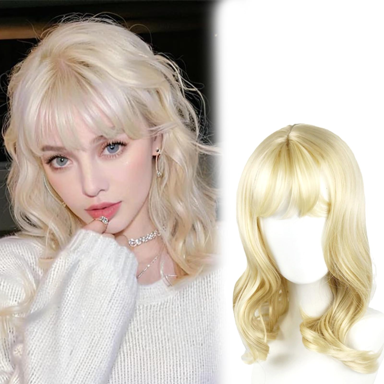 FOSDICK Blonde Wigs for Women Girls, 45cm Short Blonde Wig, Ladies Fancy Dress Wig Synthetic Hair Heat Resistan Curly Wigs for Cosplay Party, Daily Use