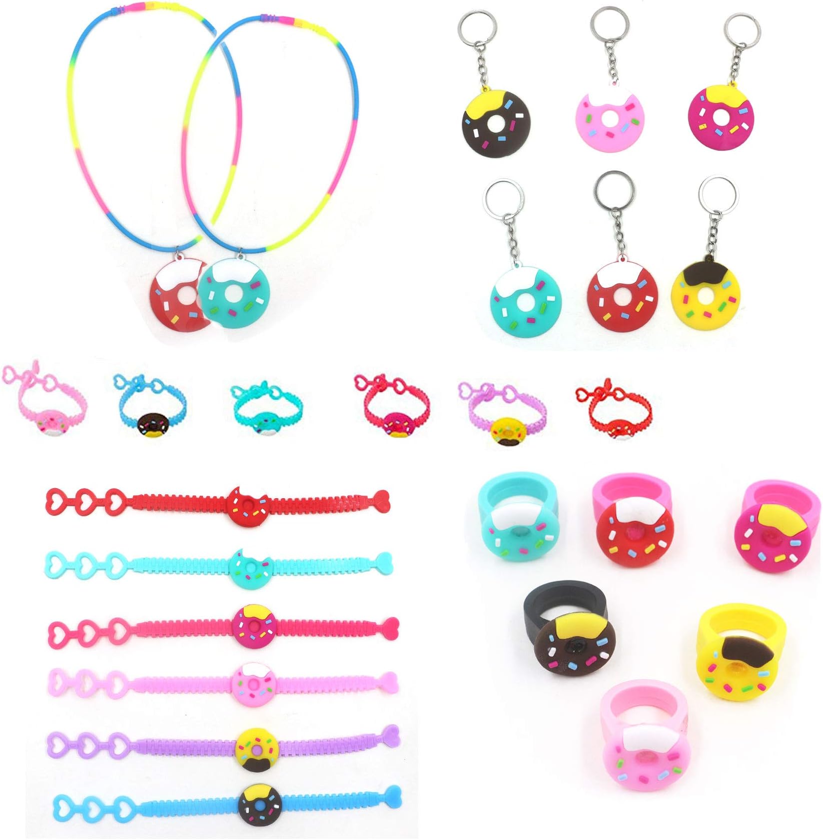 Donut Party Favors 20 Pack - Donut Bracelets,Rings,Necklace,Keychains for Kids Donut Theme Party Supplies Donut Birthday Goodie Bag Toy Kid Ornament Souvenirs Gift