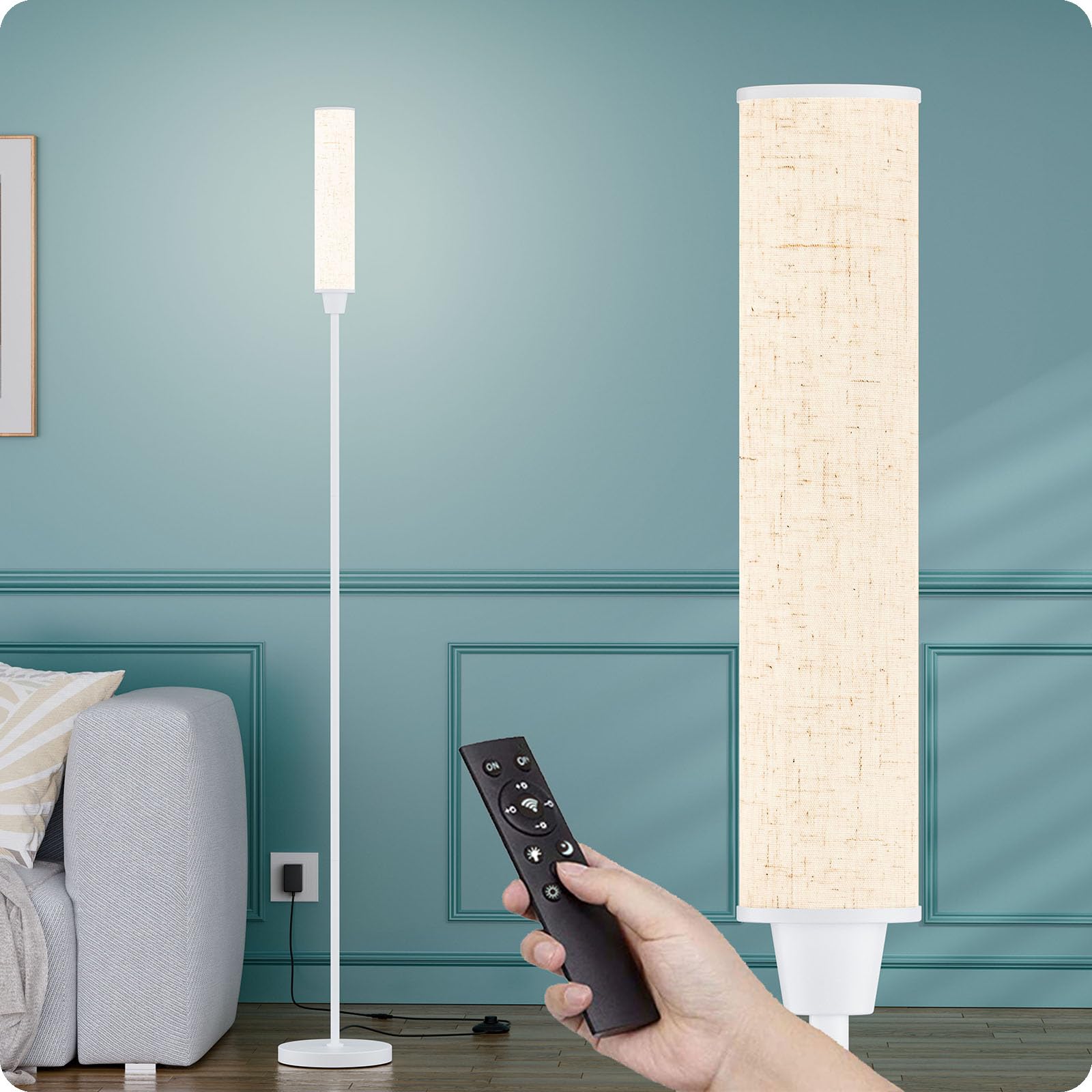 Photo 1 of Nukanu Floor Lamp with Remote Control, Floor Lamps for Living Room/Bedroom/Office, Stepless Adjustable 3000K-6000K Colors and 10-100% Brightness,Standing Light with Foot Switch (White+Beige Linen)