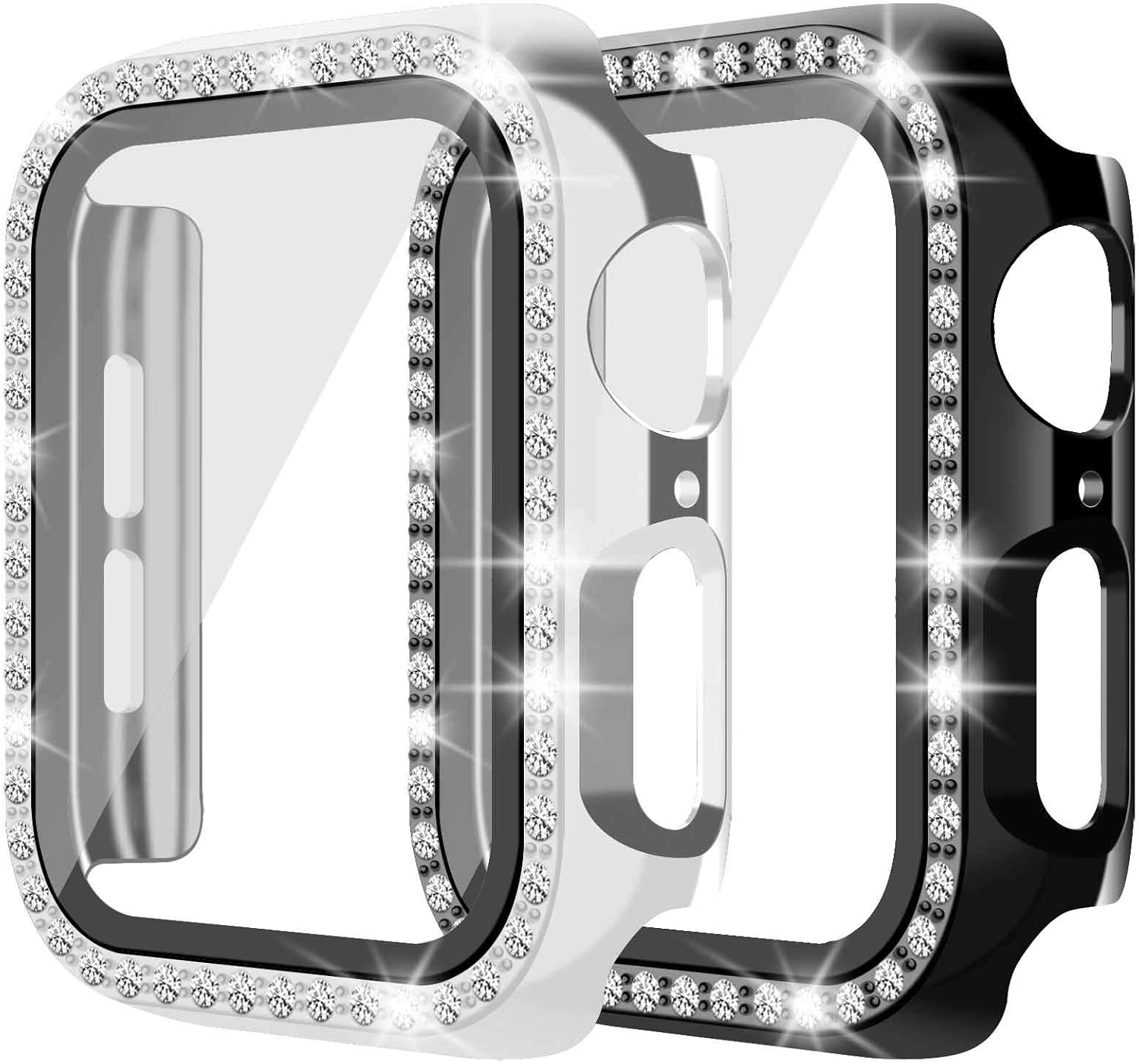 Snowki 2Pack Apple Watch Case with Tempered Glass Screen Protector for iWatch 40mm Series 6/5/4/SE Bling Crystal Diamond Rhinestone Bumper Full Cover Protective Case for Women Girls(Black/Silver)