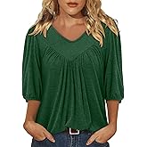 Magritta Womens Puff Half Sleeve Summer Tunic Tops Casual Chest Pleated Shirts Work Blouse for Women Dressy
