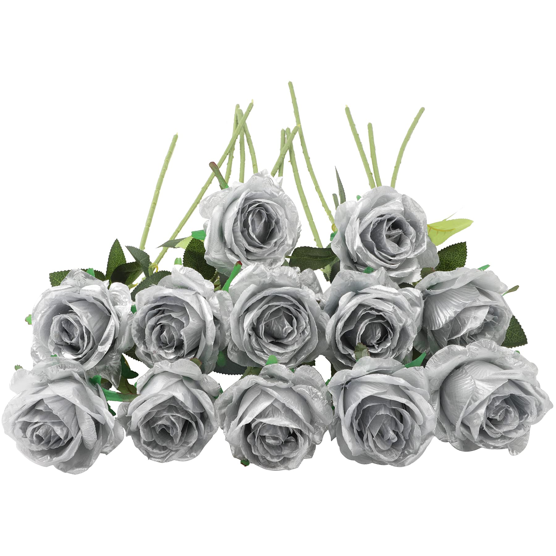JOYHAZE 12 Pcs Artificial Roses, 19.7'' Single Long Stem Silk Flowers Blooming Roses for Wedding Home Party Office Decor, Table Centerpieces, DIY Floral Arrangements, Silver